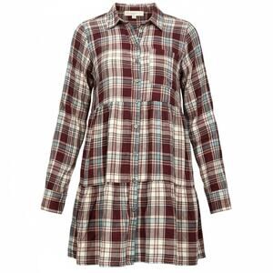 LOFT Plaid Tiered Shirt Dress Burgundy Teal Long Sleeve - M